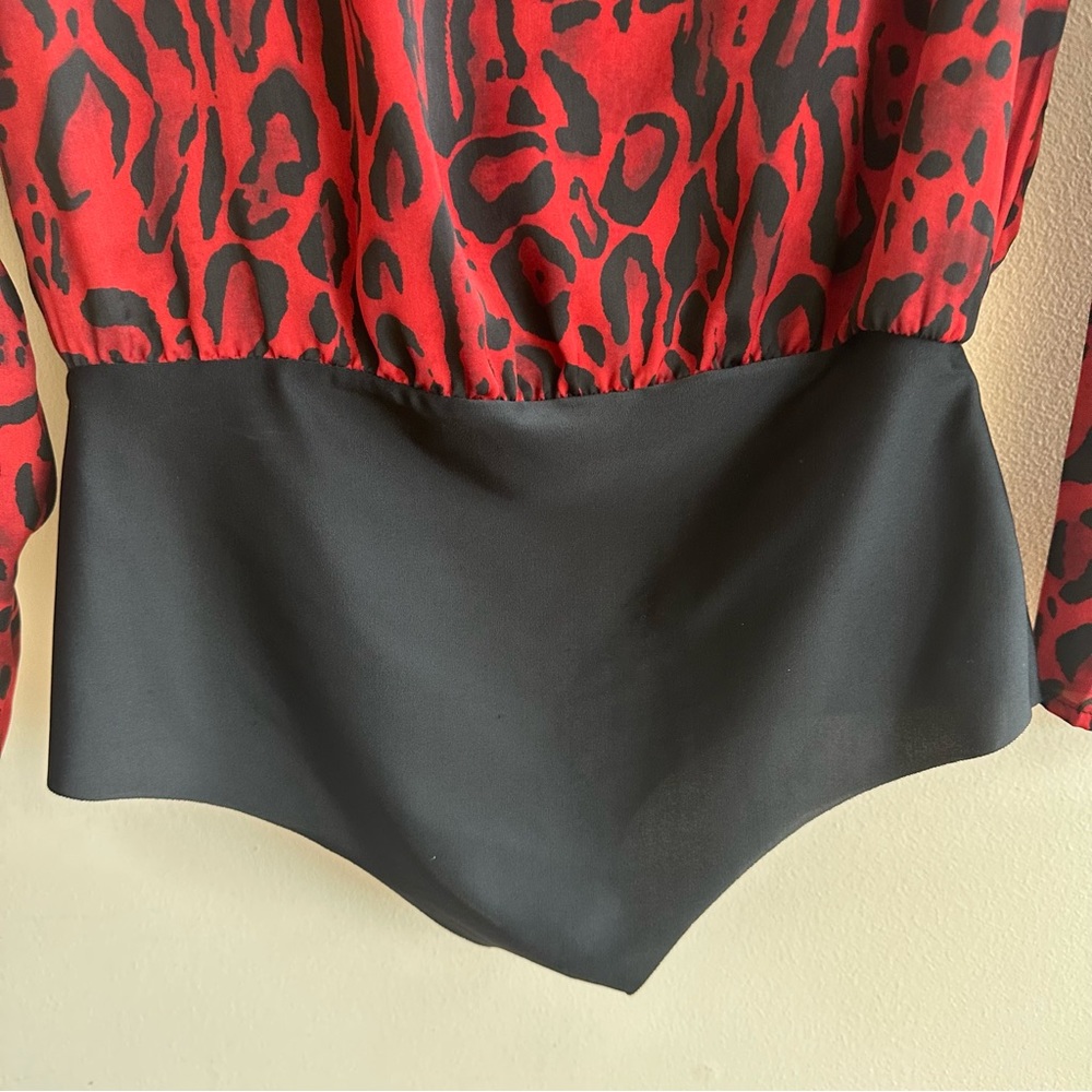NWT Zara Animal Print Deep V Plunge Draped Wrap Long Sleeve Bodysuit Red Black L - Picture 11 of 16